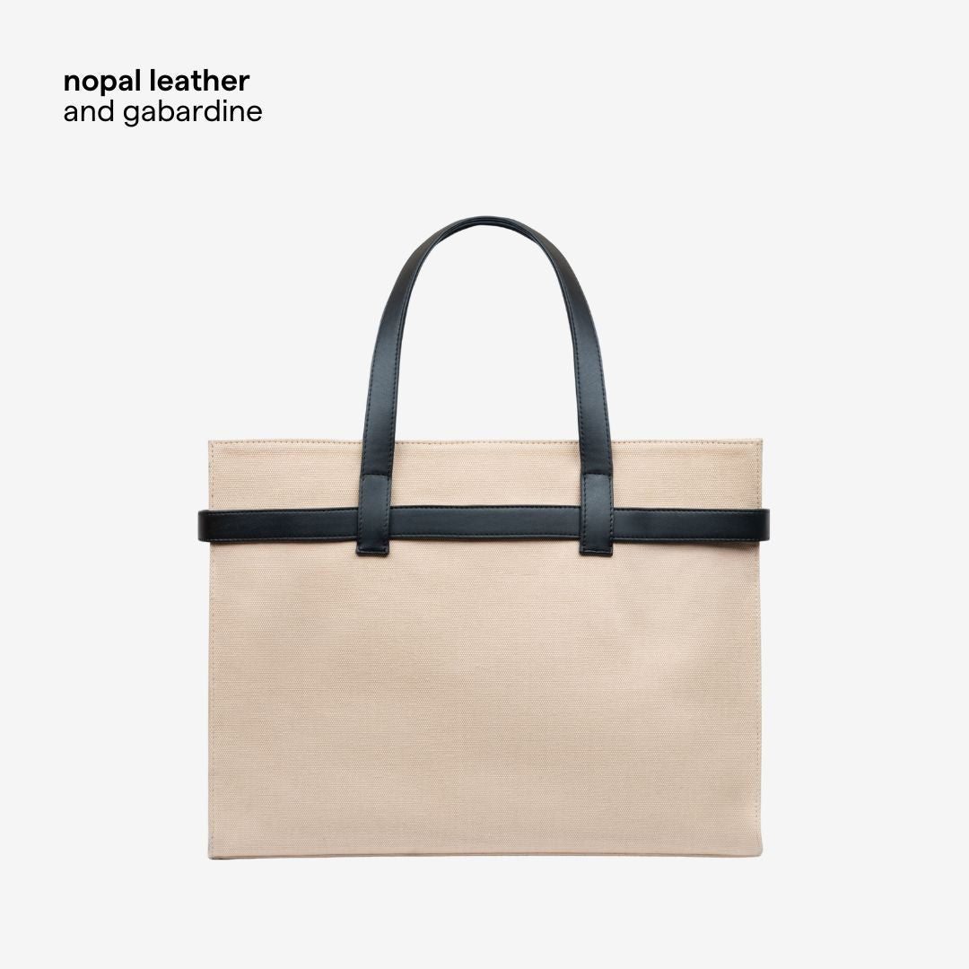 Beige Cargo tote bag with straps on a white background, featuring 'nopal leather and gabardine' text.