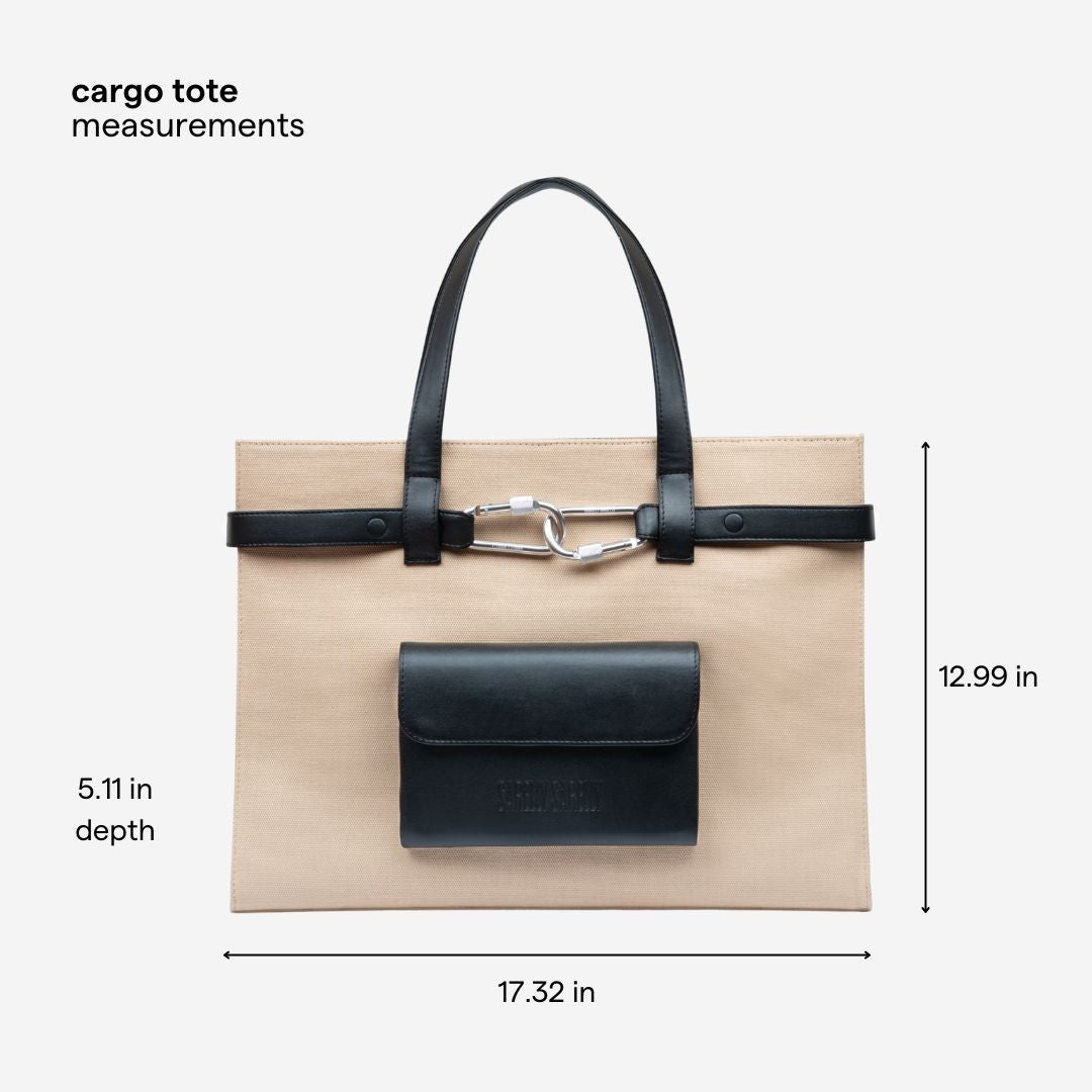 Beige cargo tote bag with leather accents and measurements on a white background