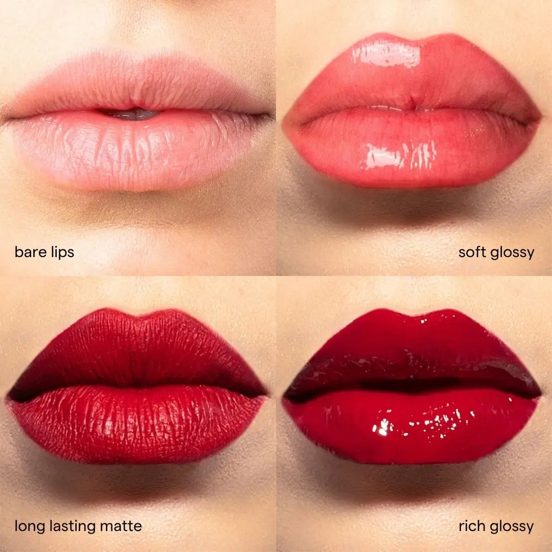 Four close-up lip swatches on skin showing lipstick shades: bare lips, soft glossy, long lasting matte, and rich glossy. The image demonstrates the color and finish of the lip product on the lips using shade Rubi.