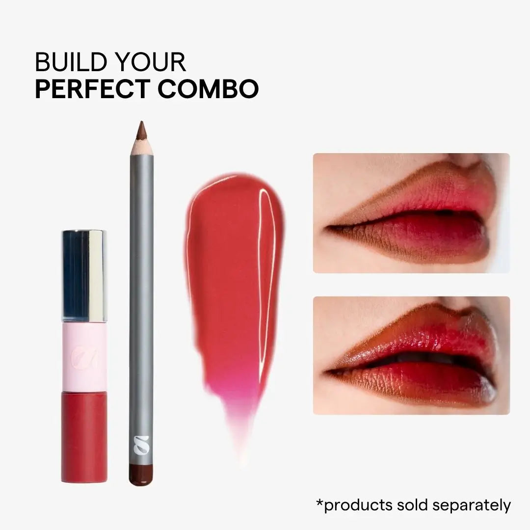 Cosmetic combo product set on a light gray background with text reading 'BUILD YOUR PERFECT COMBO.' The set includes a lip product tube shade Rubi, a lip pencil, a glossy red-pink swatch, and two close-up lip result photos.