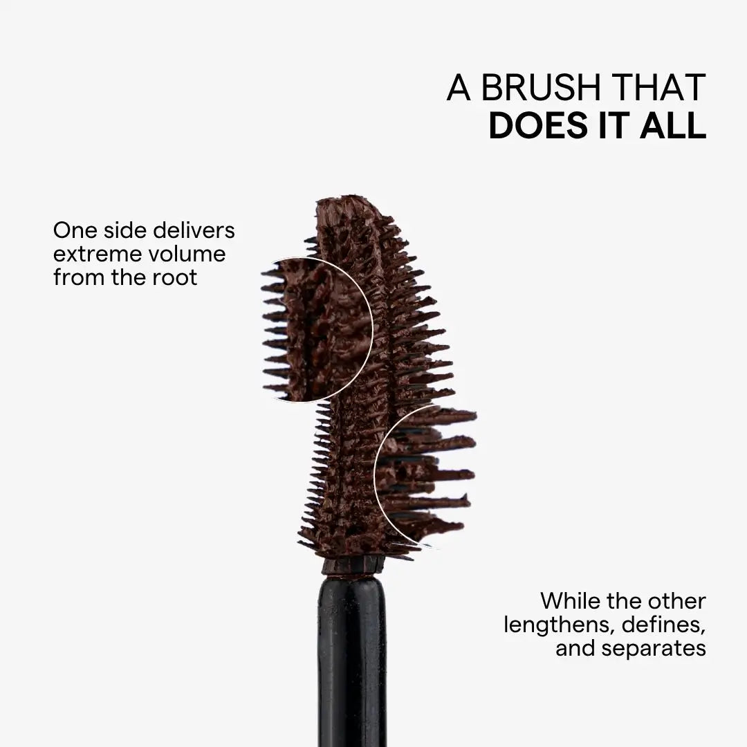 A chocolate mascara brush shown on a light gray background with marketing text reading 'A BRUSH THAT DOES IT ALL' and callouts about delivering extreme volume from the root and defining/separating.