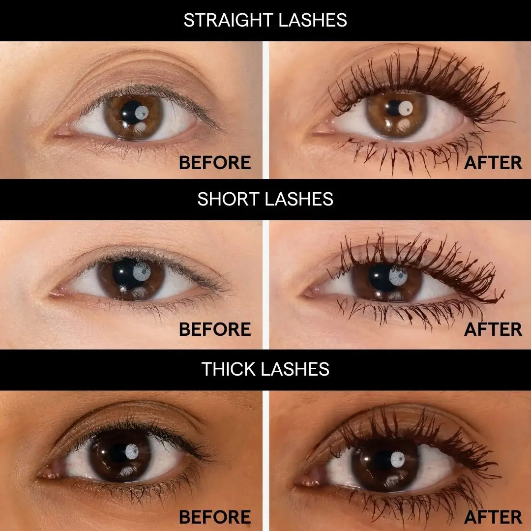 A six-panel before-and-after comparison showing eyelash enhancement results on different lash types: straight lashes, short lashes, thick lashes, and fuller lashes. Each panel shows a close-up of a human eye with the natural lash look labeled BEFORE and the enhanced look labeled AFTER. Mascara cow chocolate