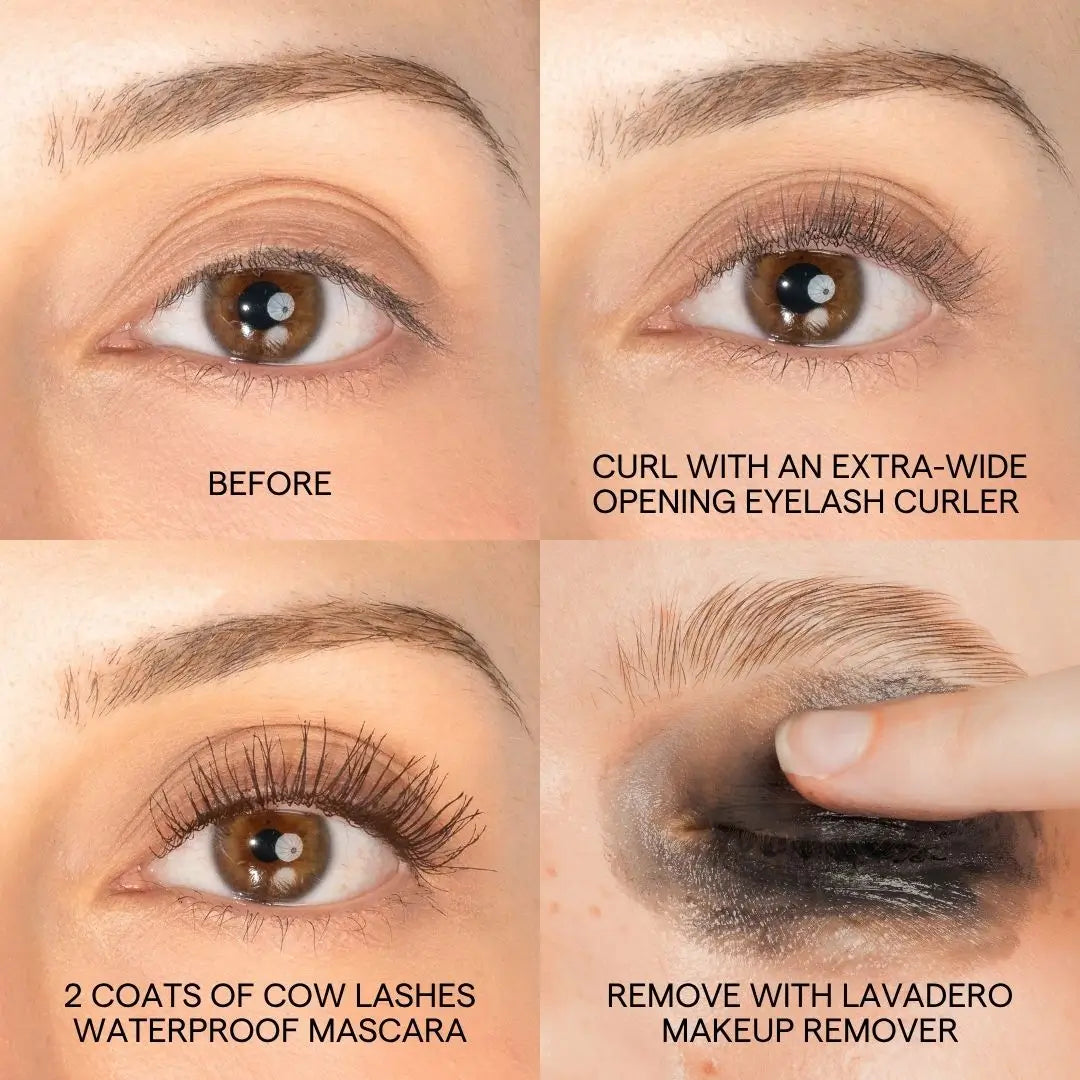 Four-panel makeup tutorial collage showing eyelash care and styling: before-and-after views of an eye with mascara and curled lashes color chocolate, and a hand applying dark makeup remover. Text labels describe the steps: curling with an extra-wide eyelash curler, 2 coats of waterproof mascara, and removing with lavender makeup remover.