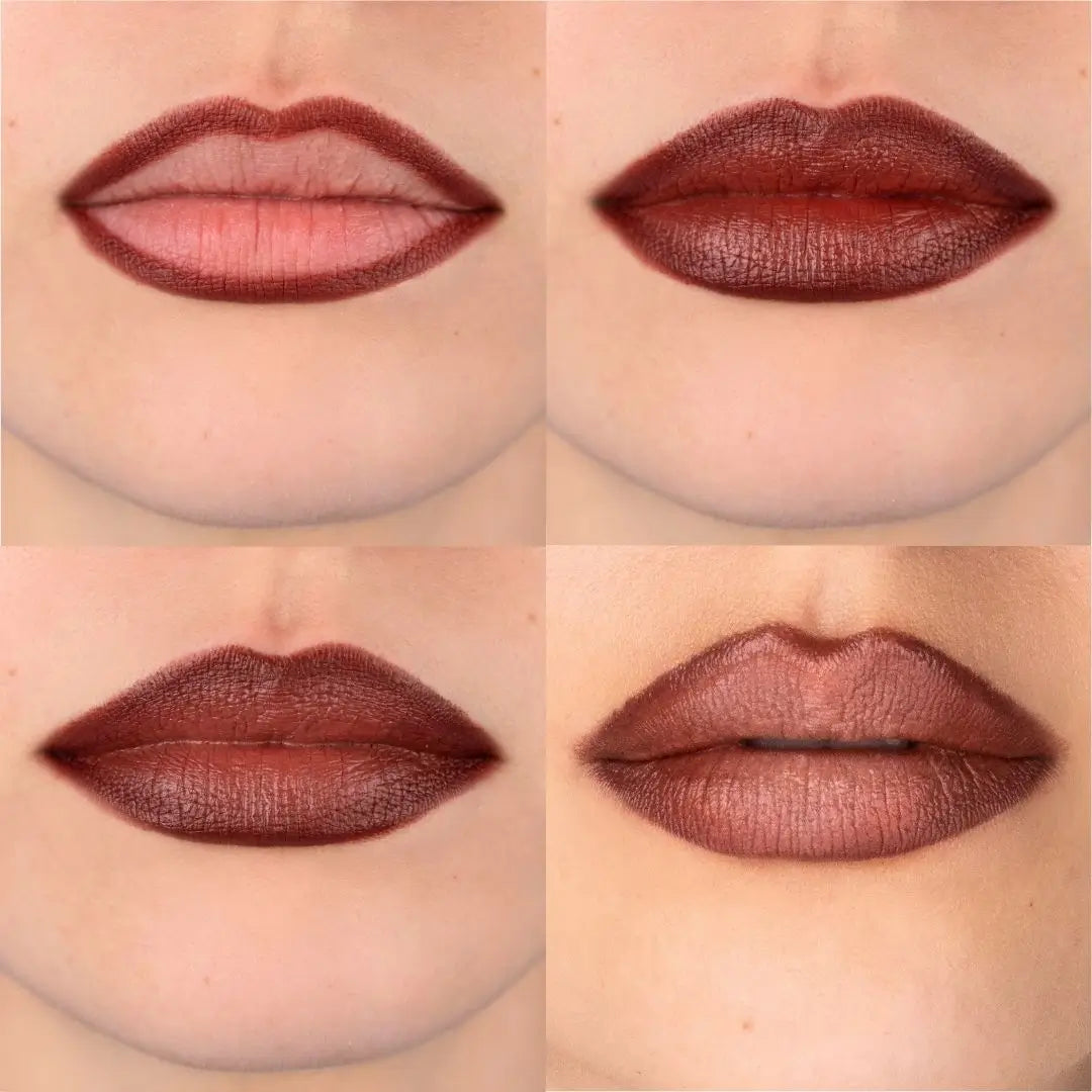 Four close-up views of lips wearing a deep matte reddish-brown lipstick, arranged in a 2x2 grid on a light skin background. Shade chocolate