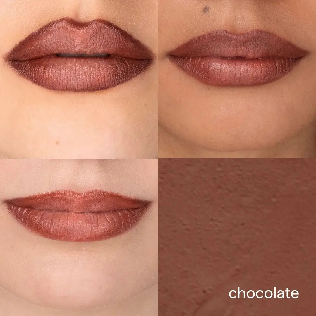 Four-panel close-up showing a matte chocolate brown lipstick applied on lips, alongside a texture swatch labeled 'chocolate'.