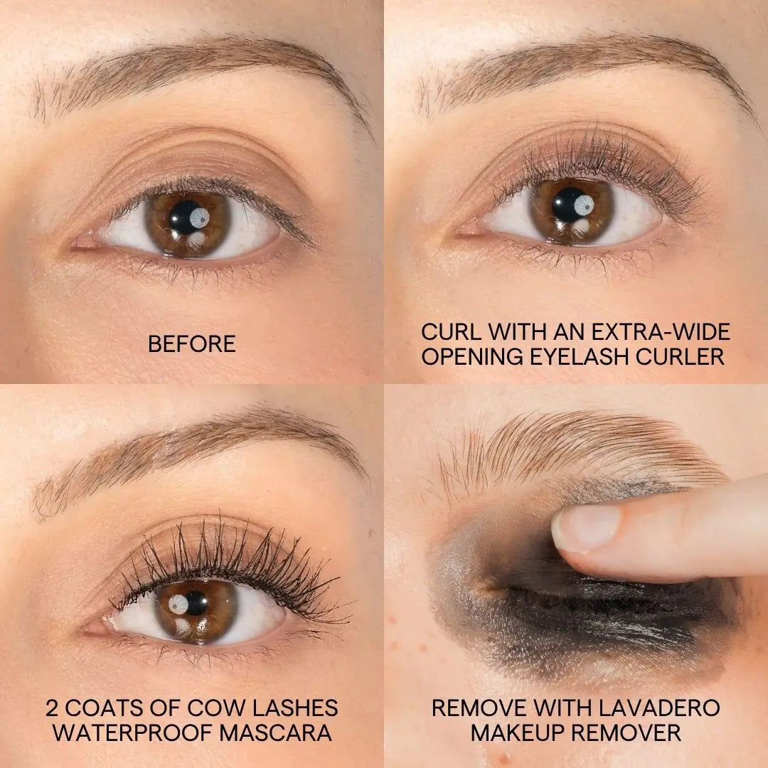 Four-panel close-up of an eye demonstrating eyelash care black: before state, curling with an extra-wide eyelash curler, two coats of waterproof mascara, and removal with a makeup remover swab. Text labels describe each step.