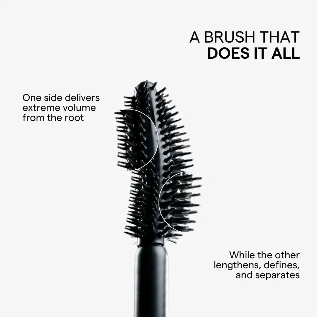 A black mascara brush shown on a light gray background with marketing text reading 'A BRUSH THAT DOES IT ALL' and callouts about delivering extreme volume from the root and defining/separating.