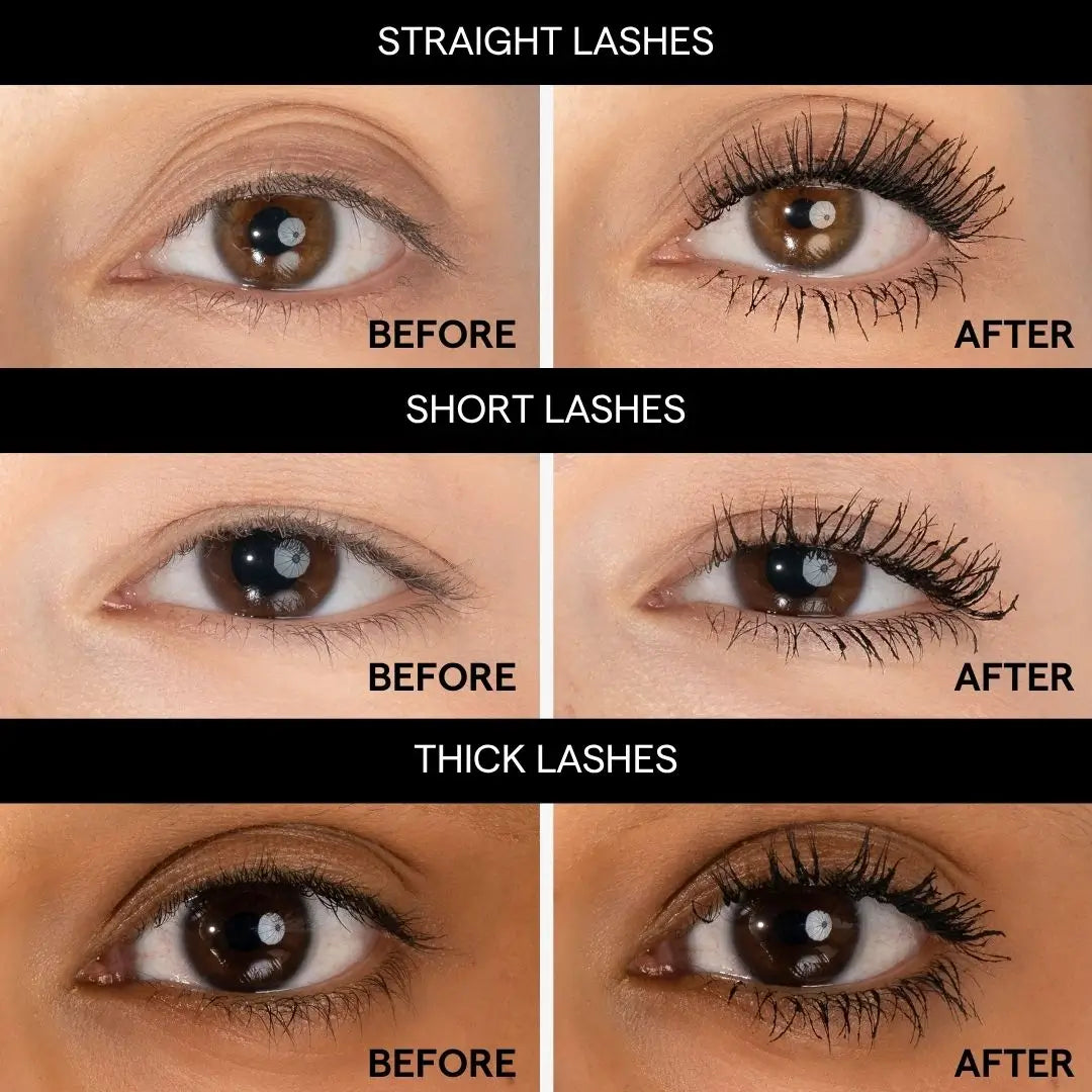 A six-panel before-and-after comparison showing eyelash enhancement results on different lash types: straight lashes, short lashes, thick lashes, and fuller lashes. Each panel shows a close-up of a human eye with the natural lash look labeled BEFORE and the enhanced look labeled AFTER. Mascara cow black