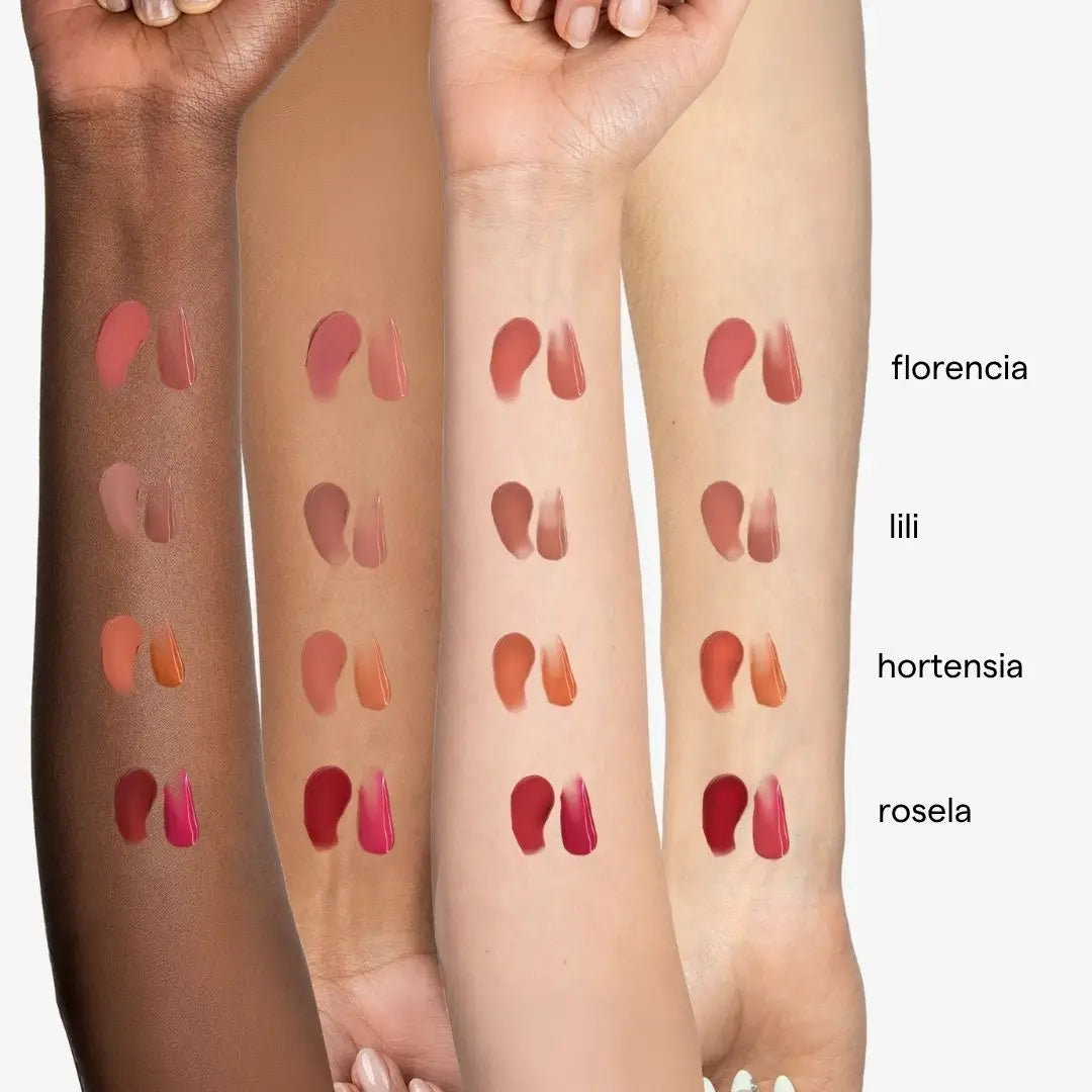 Four arms with swatches of four lipstick shades labeled on a light gray background. Shade Florencia