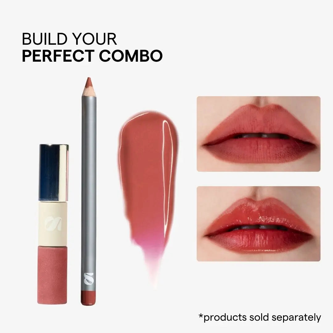 A cosmetic combo product set on a light gray background with text reading 'BUILD YOUR PERFECT COMBO.' The set includes a lipstick tube, a lip pencil, a glossy color swatch, and two close-up lip result photos. Shade Florencia