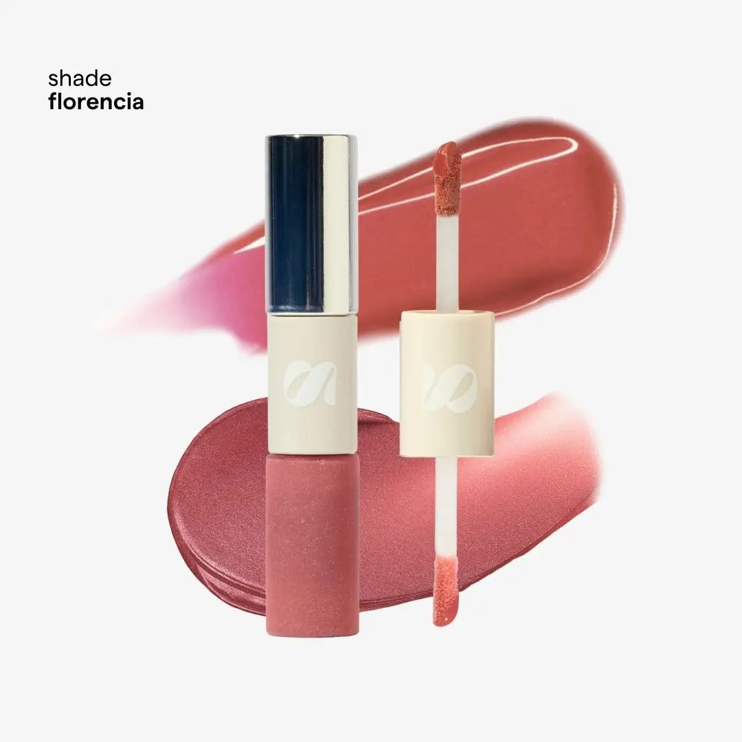 Tono Florencia liquid lipstick in a dusty rose pink shade, shown with the closed tube, open tube with applicator, and two swatches of the lipstick on a clean white background.