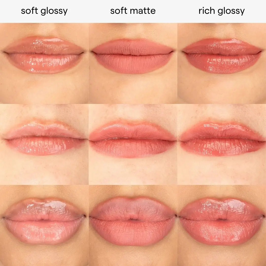 A 3x3 grid showing close-up lip swatches labeled soft glossy, soft matte, and rich glossy on a model's lips. Shade Florencia