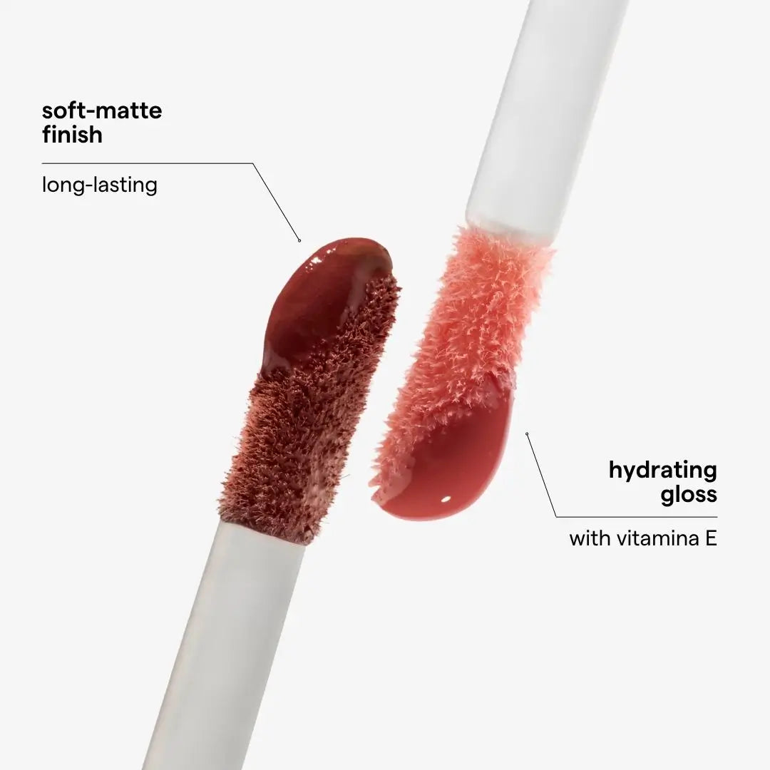 Two cosmetic applicator tips showing lip gloss textures on a light gray background, with text labels reading 'soft-matte finish long-lasting' and 'hydrating gloss with vitamina E'. Shade Florencia