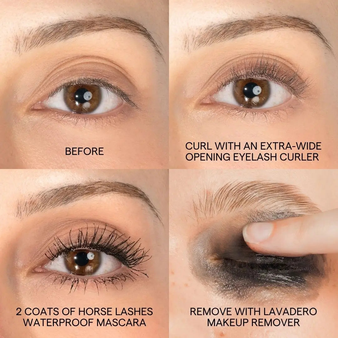 Four-panel close-up of a brown human eye demonstrating eyelash extension results and removal: before application, extra wide opening, two coat waterproof lashes black, and removal with alcohol wipes.