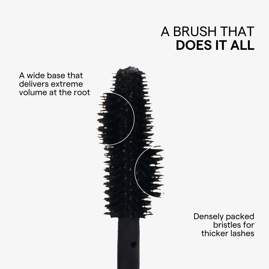 A black mascara wand brush shown on a light gray background with text describing its wide base and dense bristles.