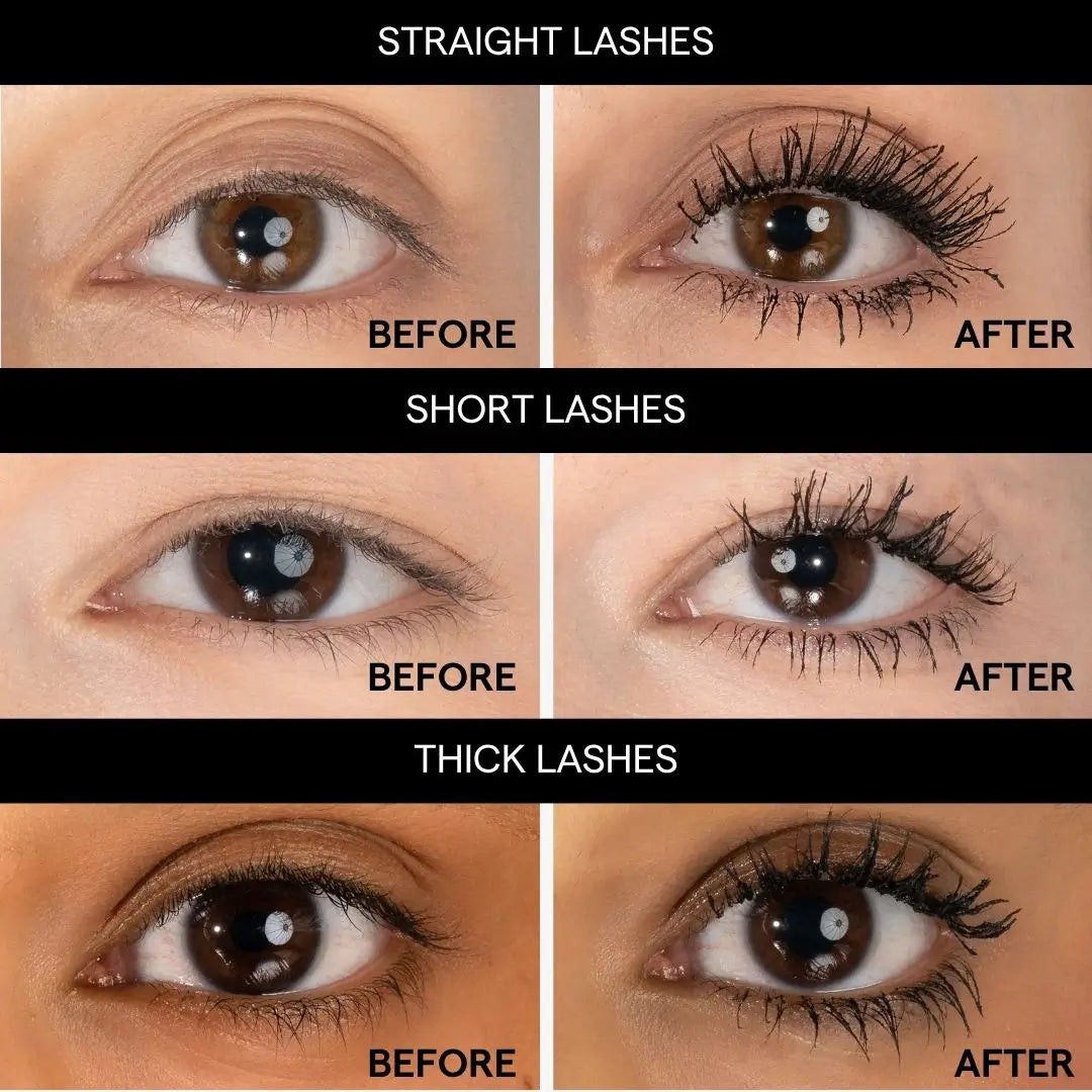 A six-panel before-and-after comparison showing eyelash extensions applied to different eye shapes and skin tones using horse lashes mascara black