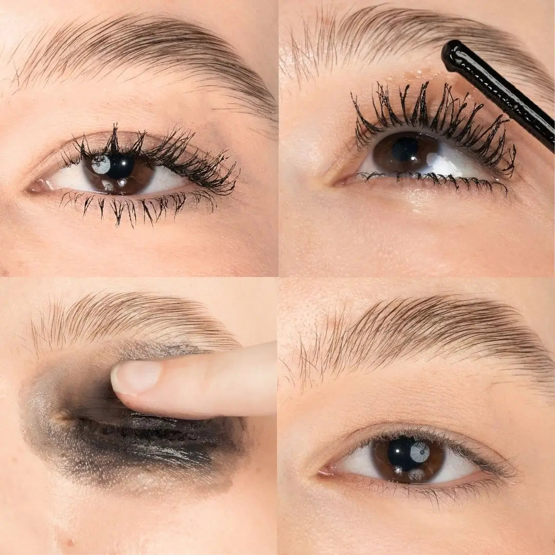 Four-panel close-up of an eye showing makeup removal: an eye with mascara applied, an eye with Lavadero Makeup Remover, an eye showing black mascara residue mixed with makeup remover, and a clean eye without makeup.