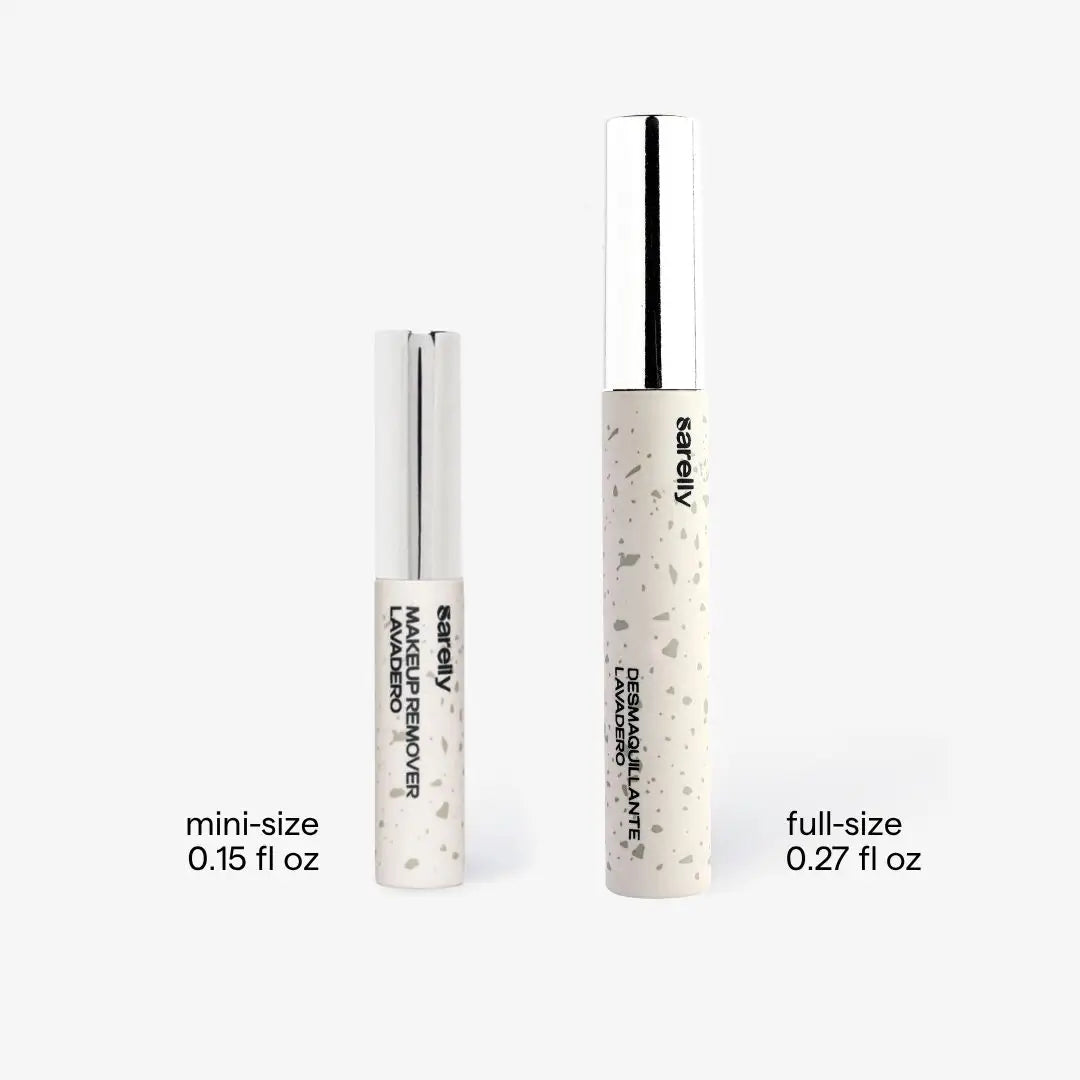 Two cosmetic tubes from the brand serelly, shown on a light gray background with size labels. The left tube is labeled 'mini-size 0.15 fl oz and full size 0.27 fl oz