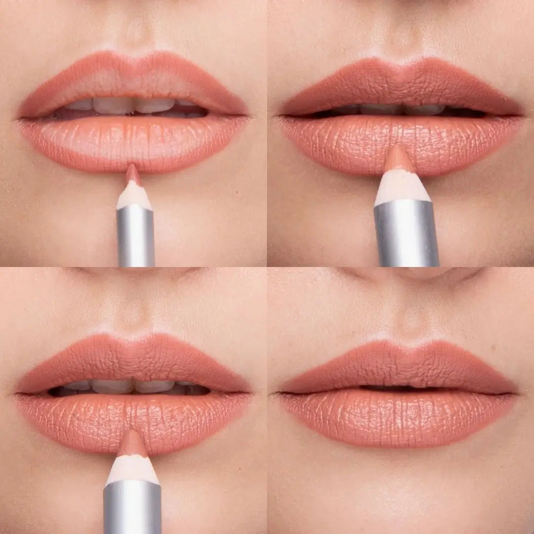 Four-panel close-up of a nude creamy lip pencil being applied to lips, showing the product on bare lips and on fully coated lips.