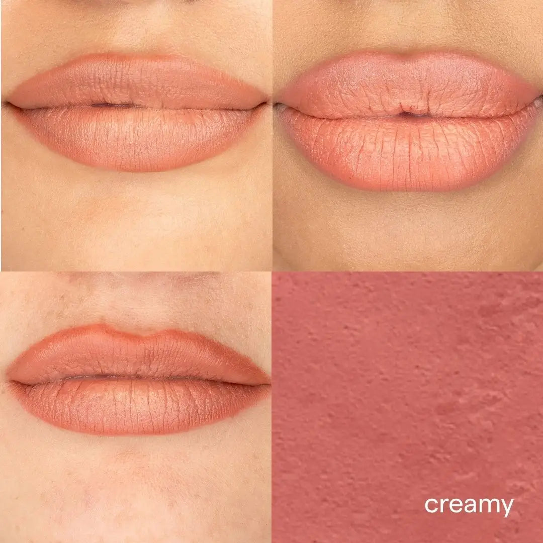 Four-panel close-up showing a peachy nude lipstick applied on lips, alongside a matching textured powder swatch labeled 'creamy'.