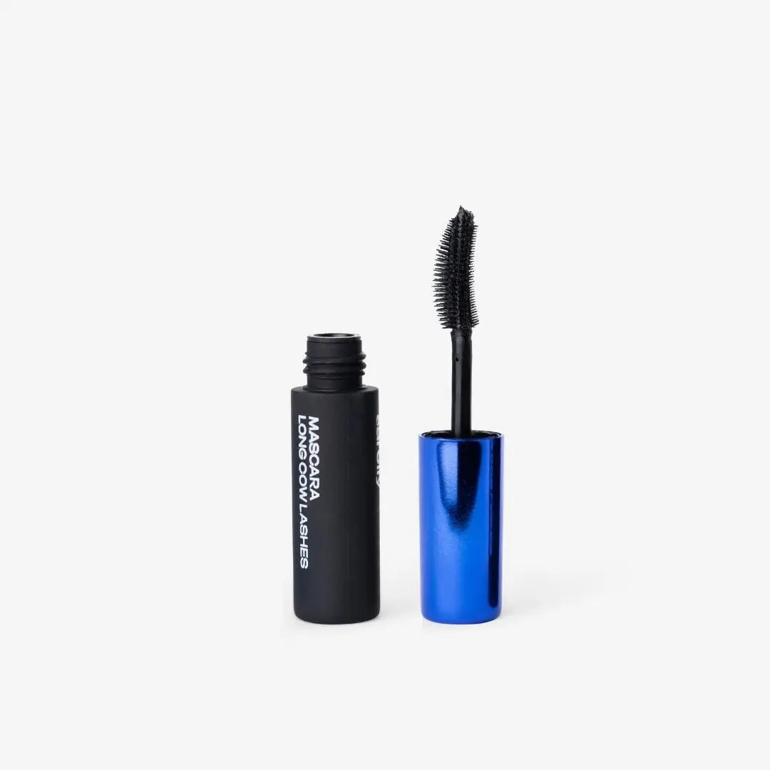 COW LASHES Waterproof Mascara by SARELLY in black packaging with a metallic blue cap in format Mini Size