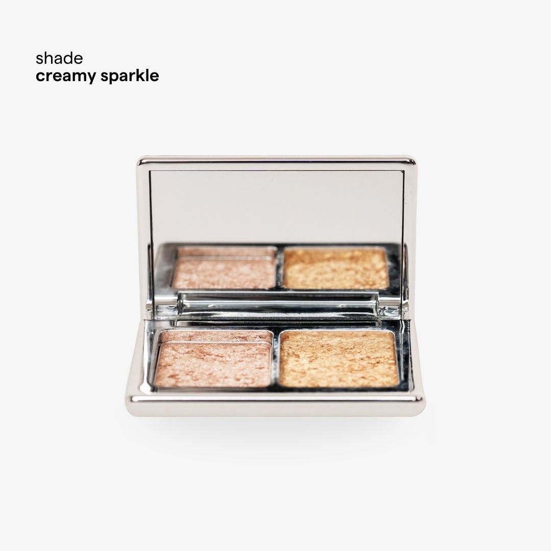 LA MIL SOMBRAS Mini Eyeshadow Palette Creamy Sparkle Duo shown with its built-in mirror and two eyeshadow pans